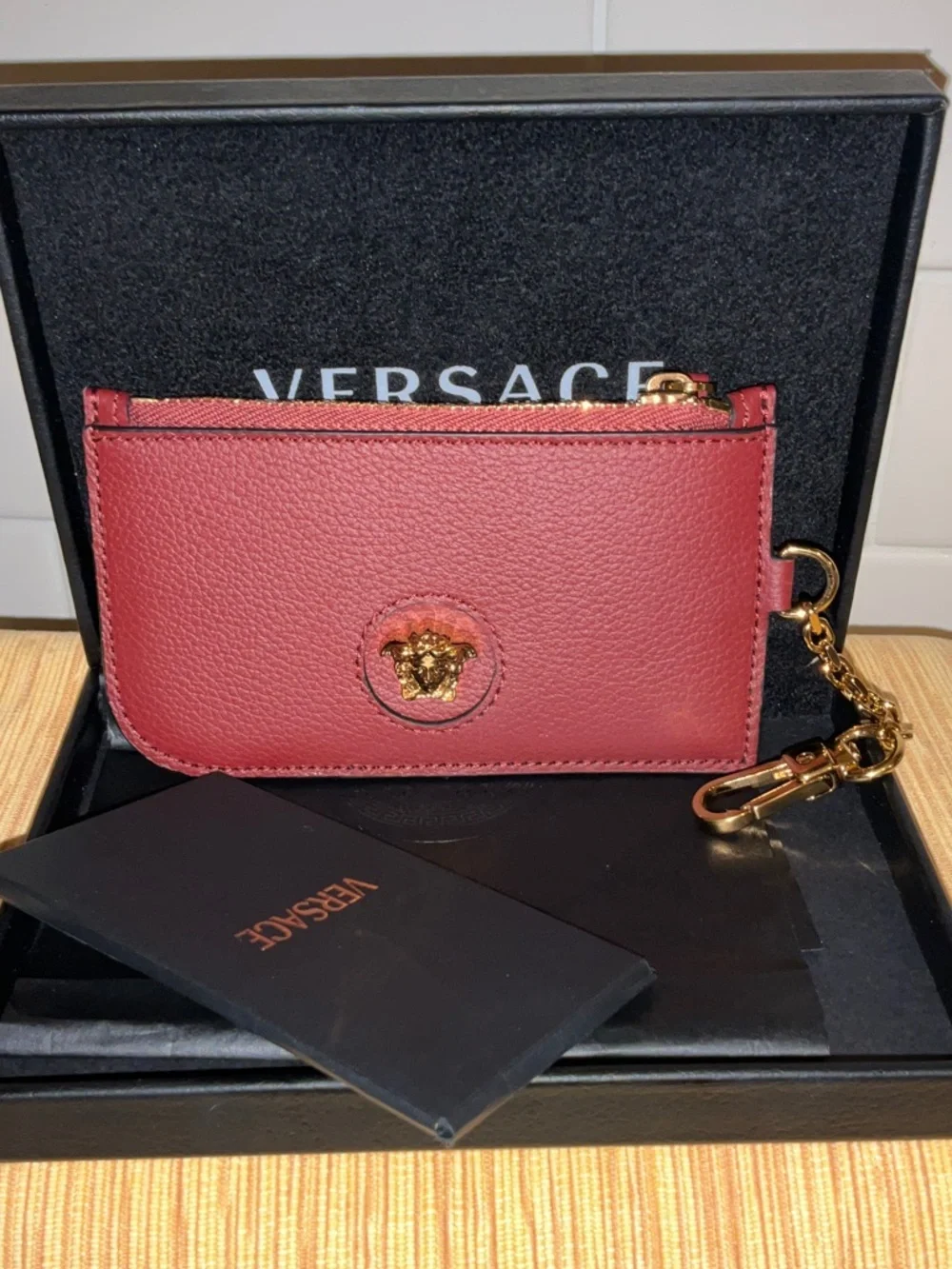 Versace Burgundy Leather Card & Key Pouch with Gold Medusa Charm - Picture 8 of 9